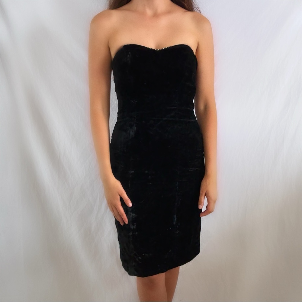 Vintage 80s black velvet strapless mini dress bodycon Night Way small